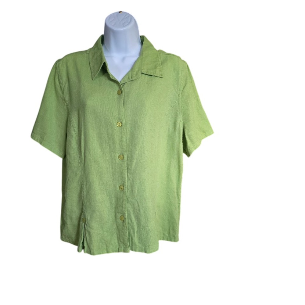 Christopher & Banks Button Down Shirt Women XL Green Linen Blend Coastal Casual